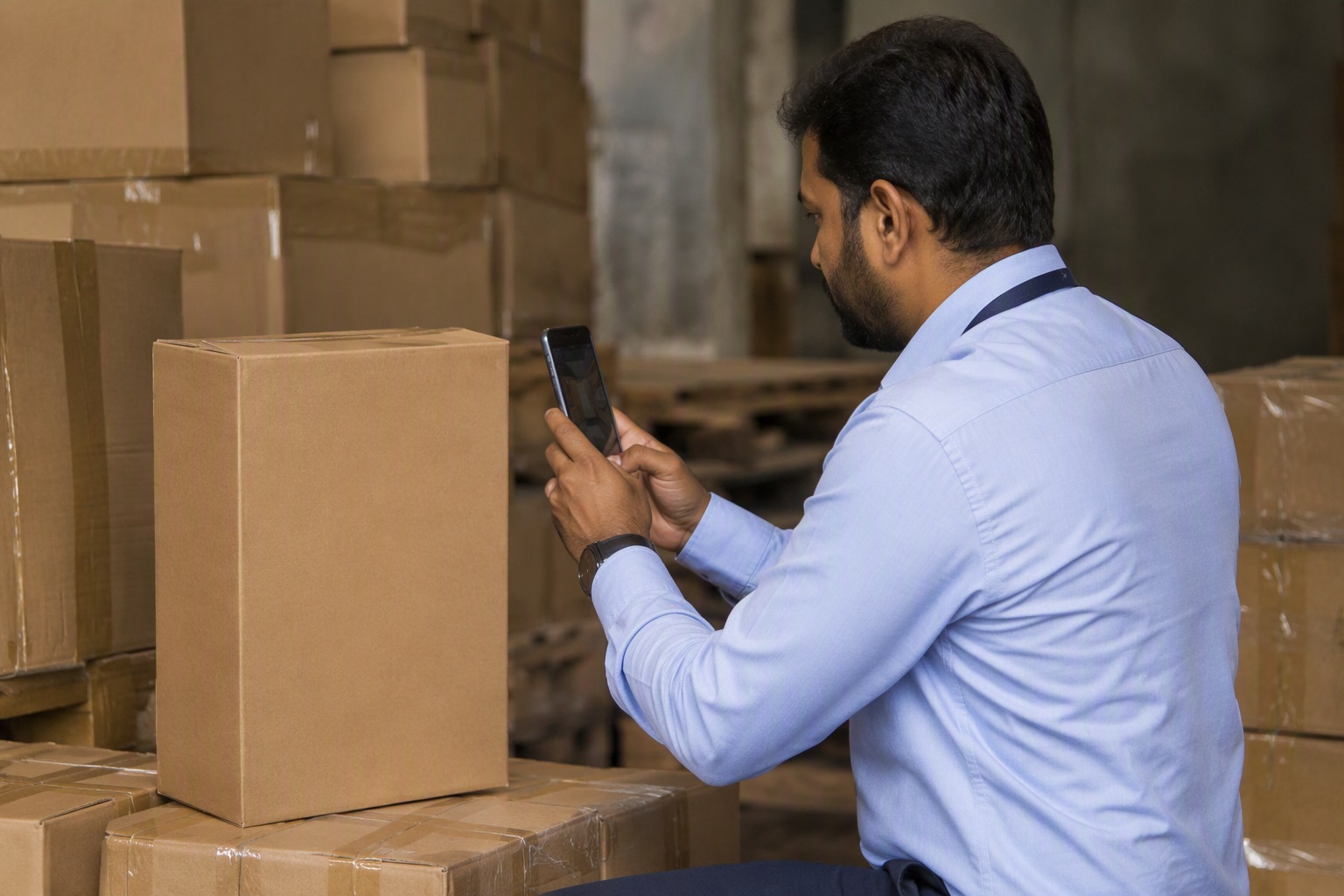 A field officer photographing a carton to verify it without any code or label