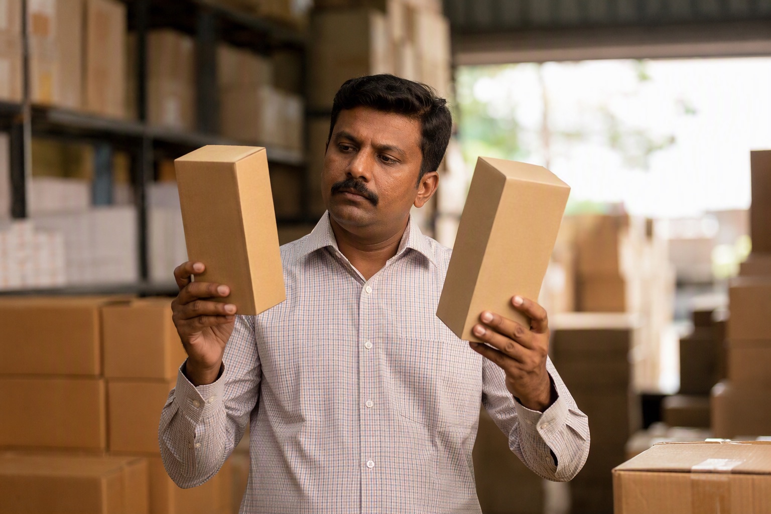 A quality inspector comparing two similar product cartons during a counterfeit check