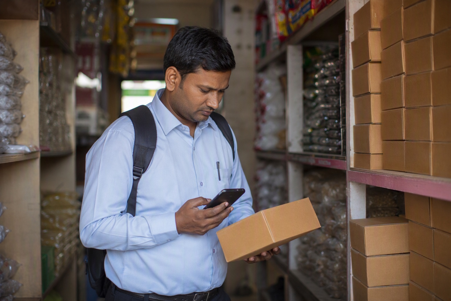 A brand representative conducting a market survey for counterfeit stock at a retail shop