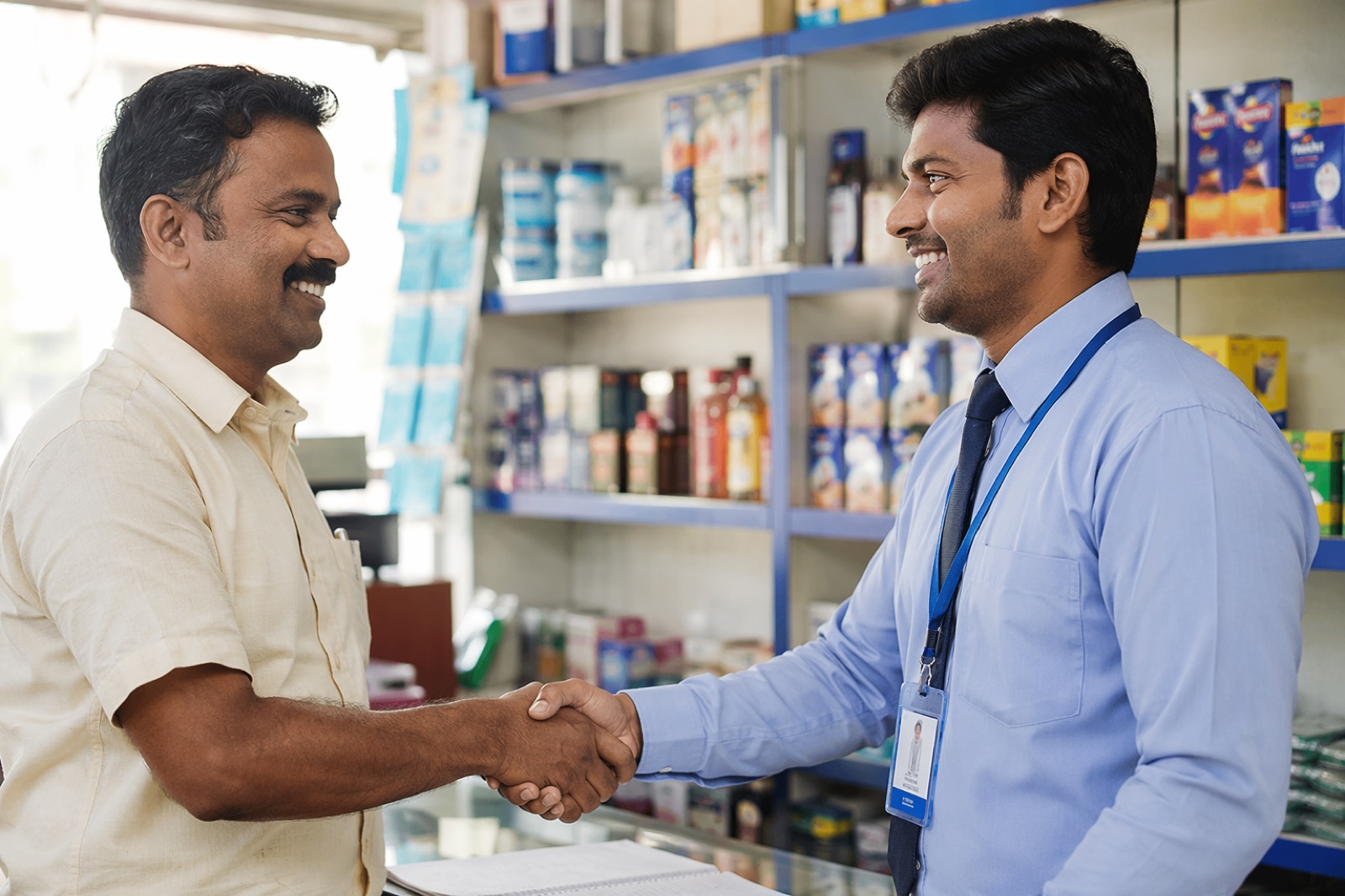 Dealer and sales representative shaking hands at the counter