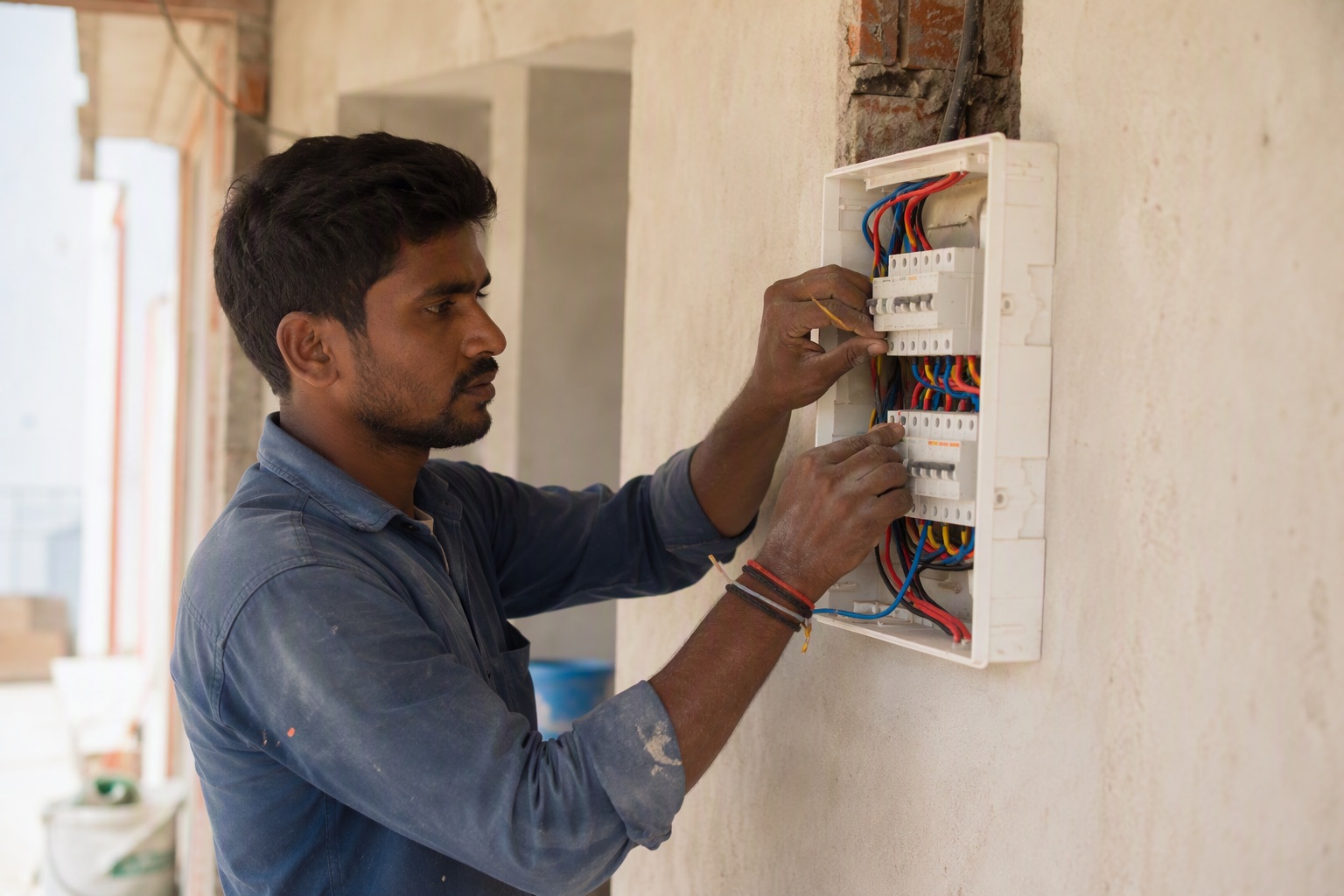 An electrician wiring miniature circuit breakers into a distribution board on an Indian residential site