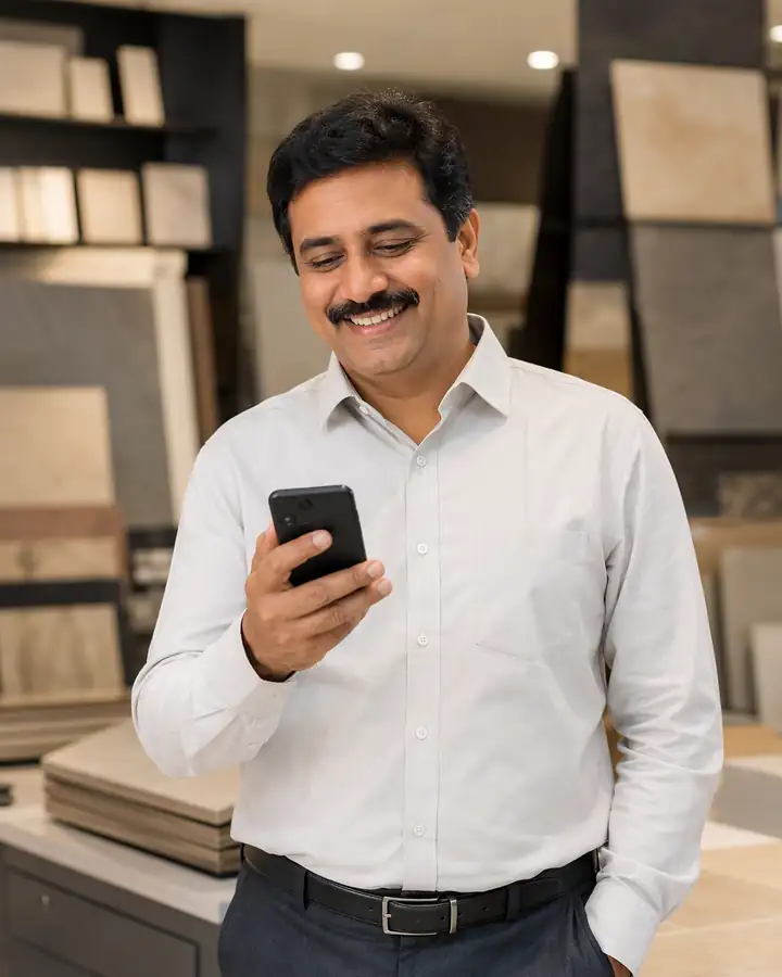 A happy dealer in his building-materials showroom checking scheme progress on his phone