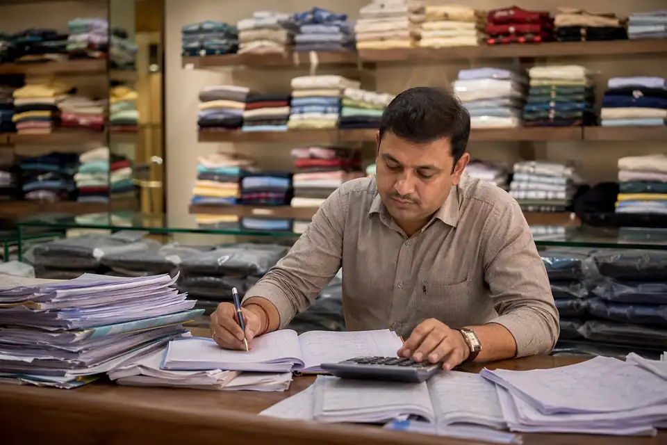 A garment wholesaler at his desk working through order books and a calculator, with stacked shirts behind him