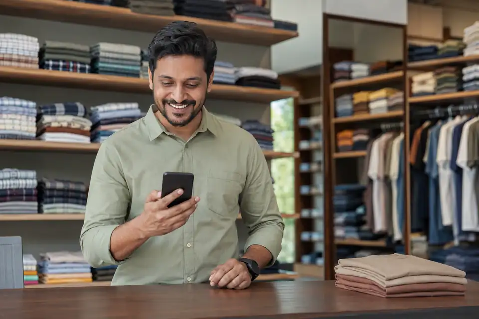 A happy clothing retailer in his store looking at his phone