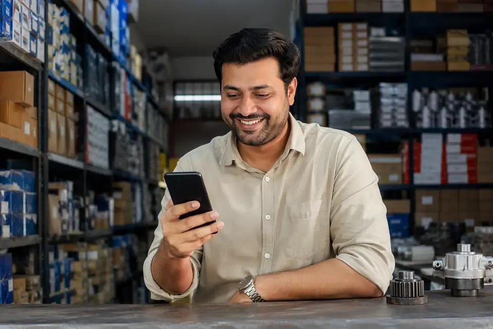 A spare-parts shop owner smiling at his phone at the counter, with shelves of boxed parts behind him