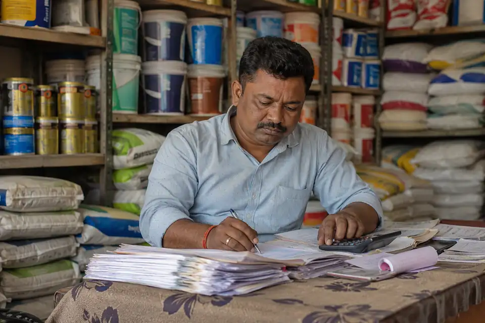 An adhesives and hardware dealer working through scheme papers in his shop