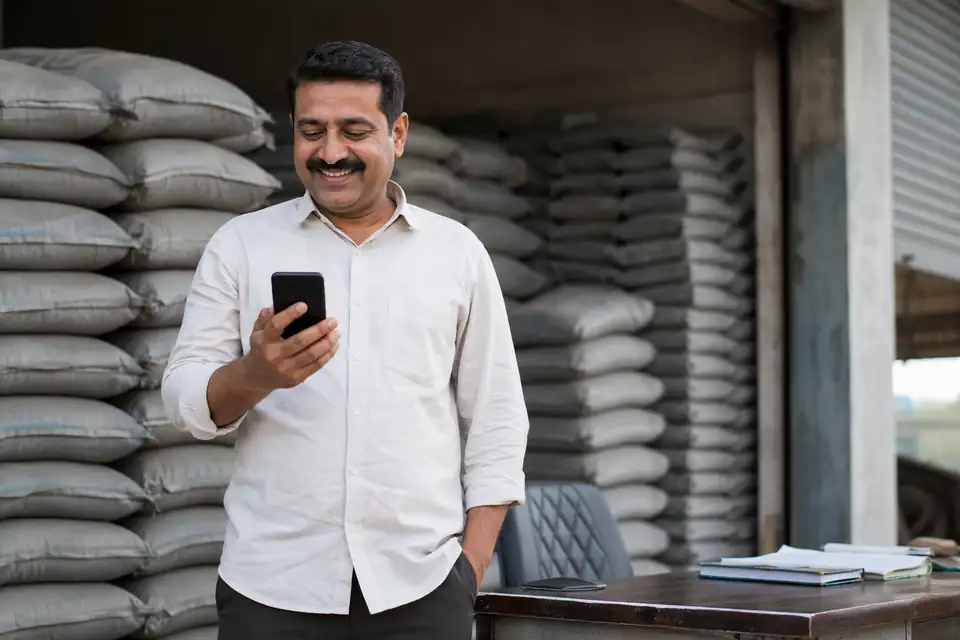A cement dealer standing beside stacked bags in his godown, smiling at his phone