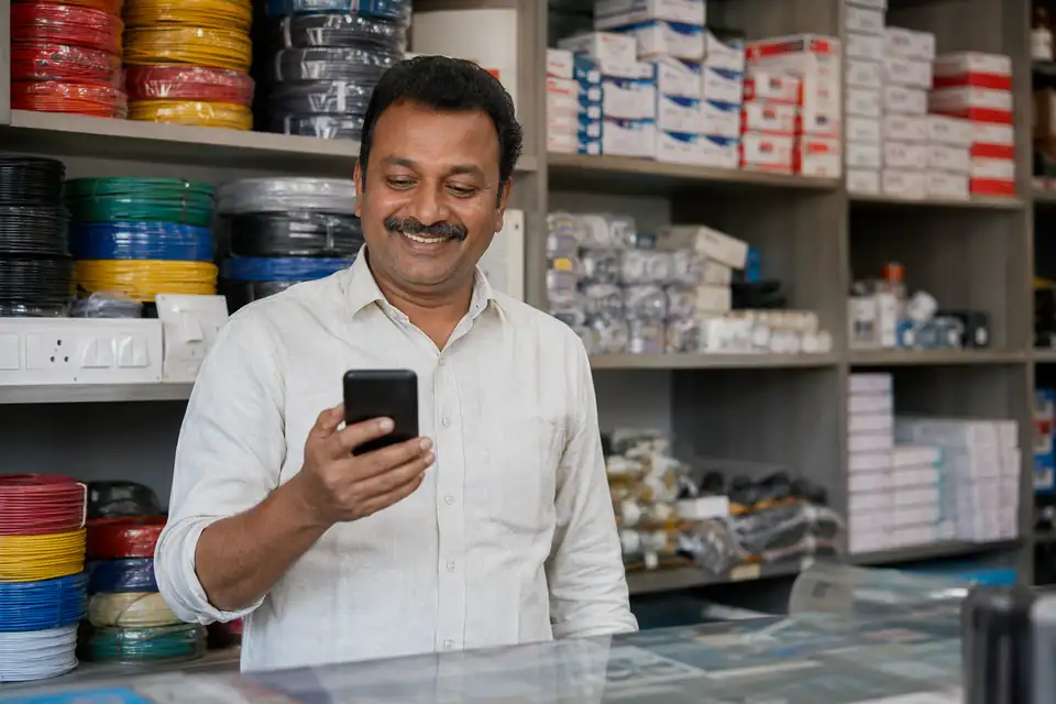An electrician at a building site scanning a QR code on a wire coil with his phone
