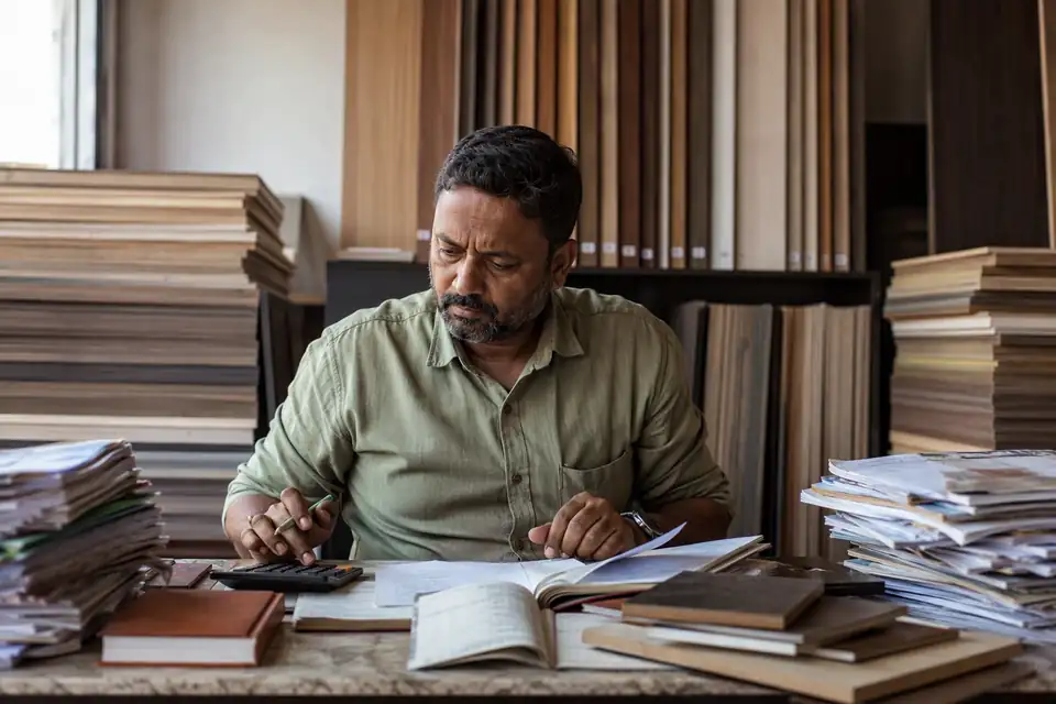 A plywood dealer working through scheme papers among stacks of sheets