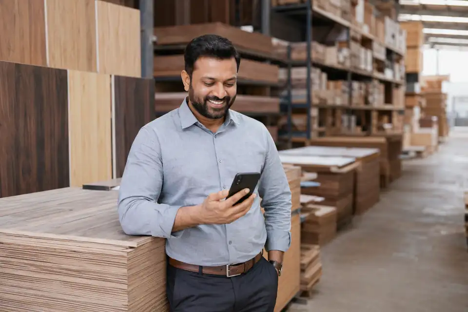 A carpenter in a workshop scanning the code on a plywood sheet with his phone while stacked sheets wait behind him