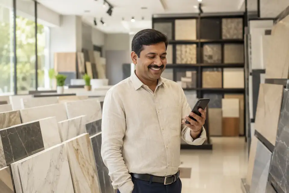 A tile dealer standing in his showroom between display panels, smiling at his phone