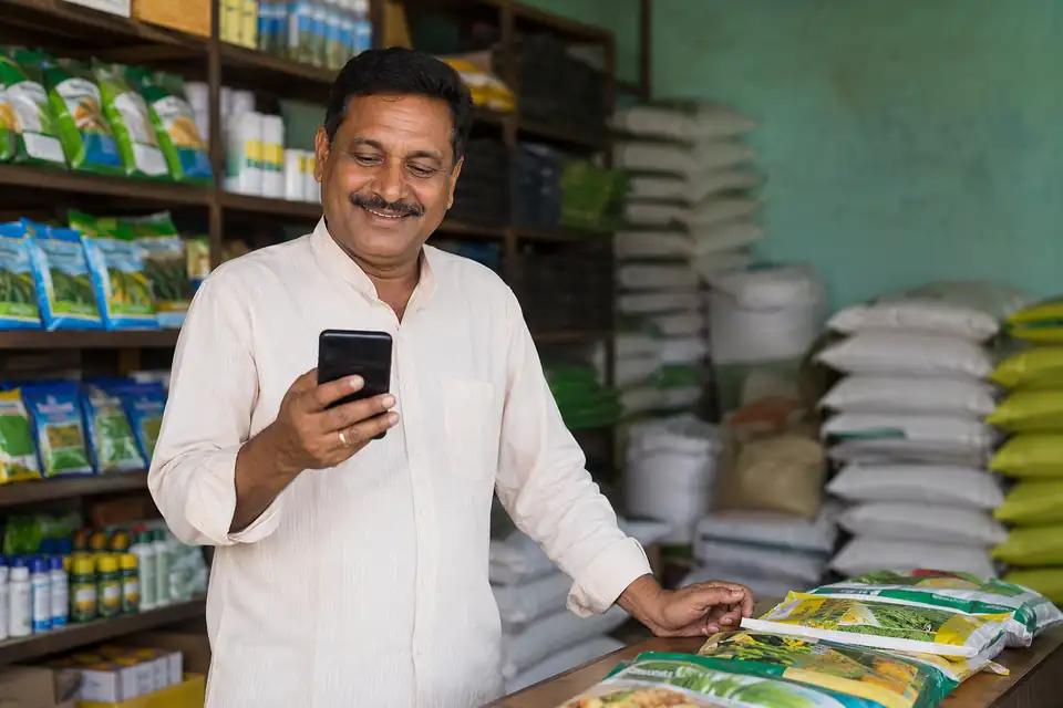 An agro-dealer at the counter of his krishi kendra smiling at his phone, with seed packets and fertilizer bags around him