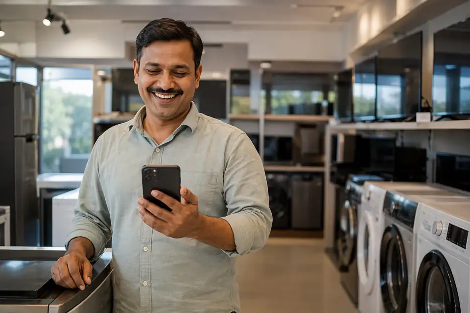 A technician installing an appliance at a customer's home and scanning its serial QR code on his phone
