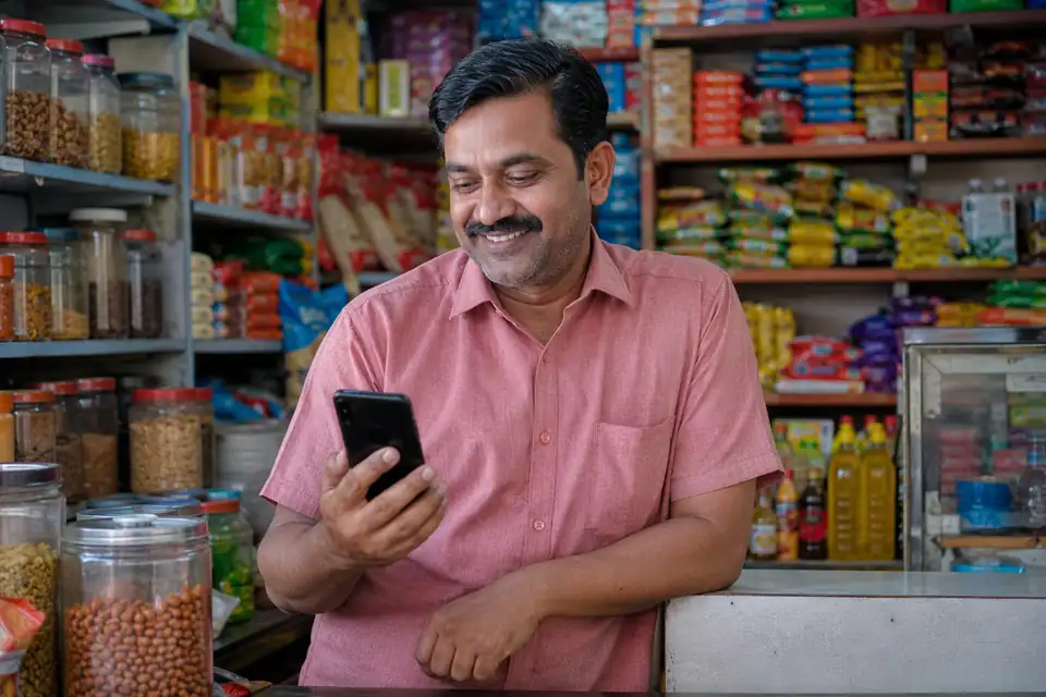 A kirana store owner smiling at his phone behind the counter, with jars of pulses and packed goods on the shelves