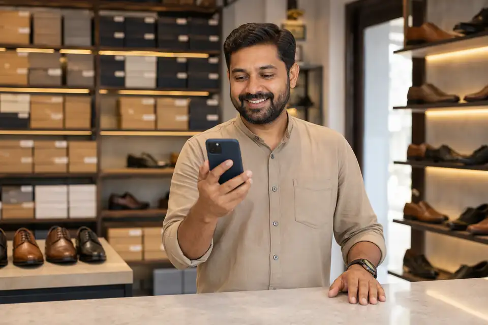 A footwear store owner at his counter smiling at his phone, with shoe boxes and display shelves behind him