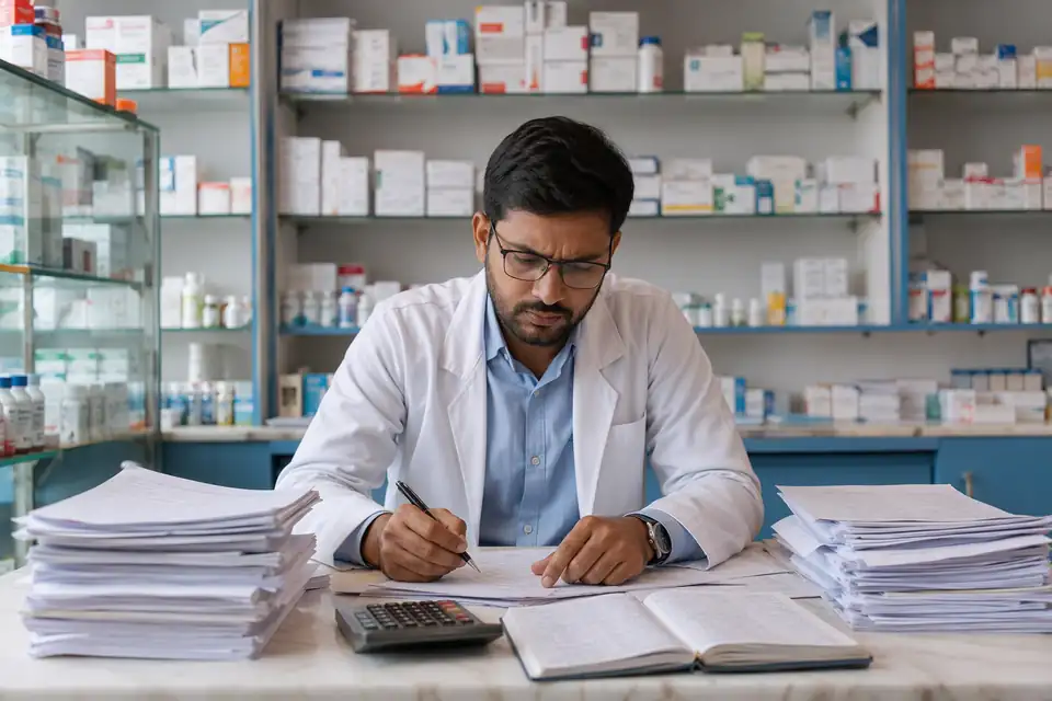A pharmacist in a white coat working through stacks of paper claims with a calculator at the counter