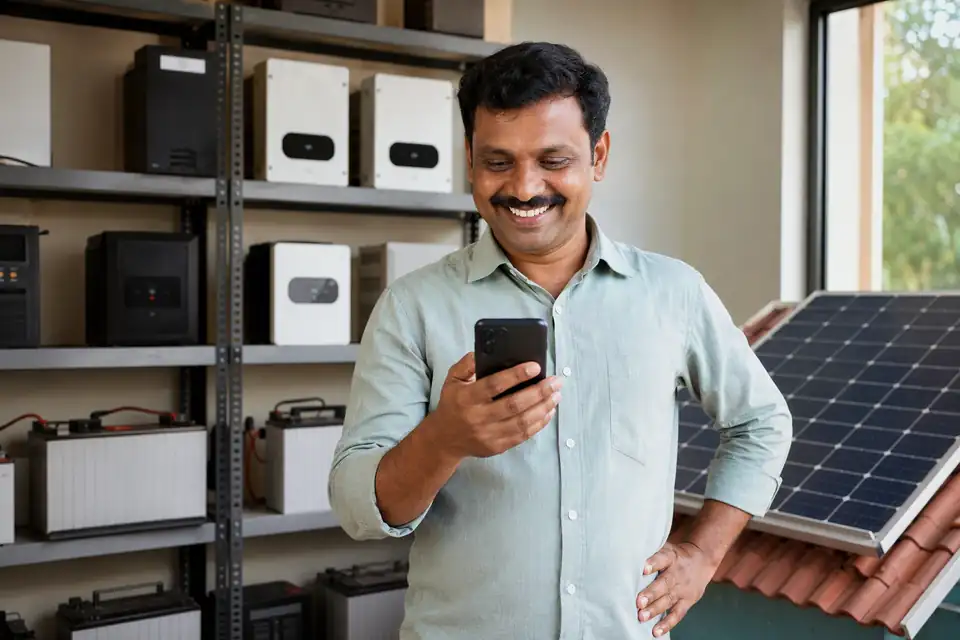 A happy Solar & Power Backup channel partner seeing incentive progress on his phone with Unotag
