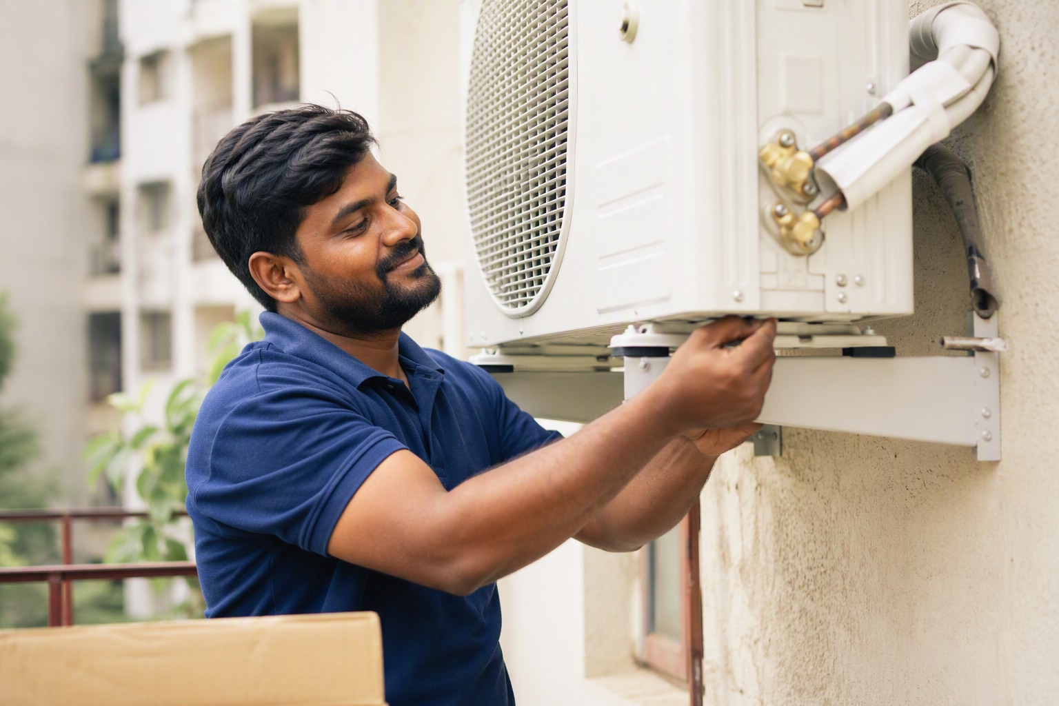A technician mounting a split air conditioner outdoor unit on an Indian apartment wall
