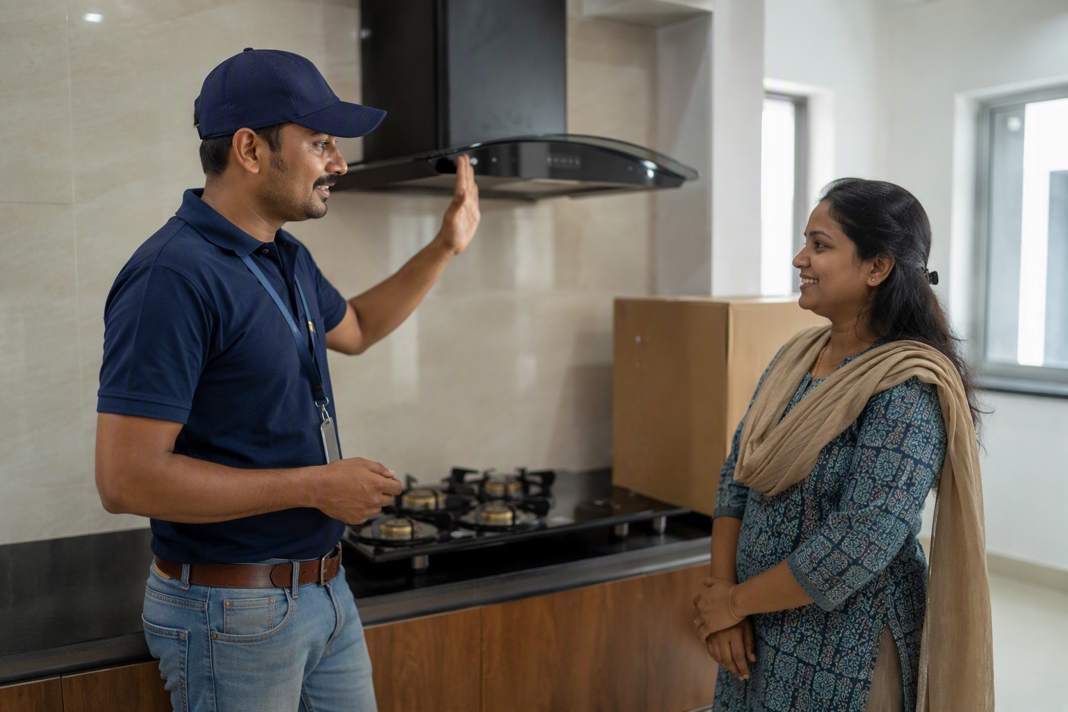 An installer handing over a newly fitted appliance to a homeowner in an Indian kitchen