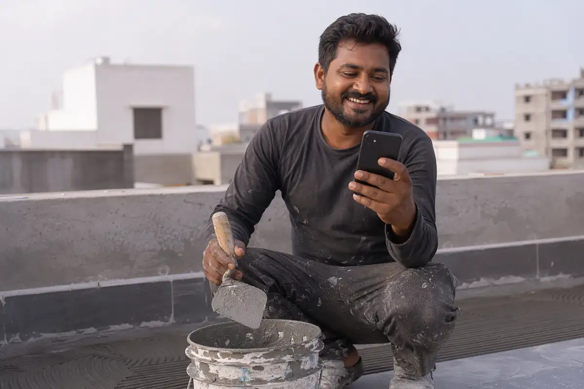 A happy waterproofing applicator on a terrace job looking at his phone