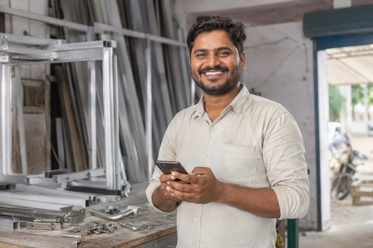 A happy aluminium fabricator in his workshop with window frames, holding his phone