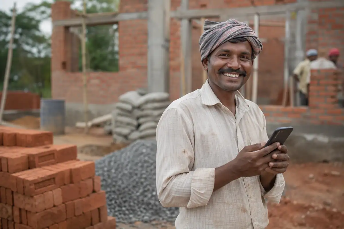 A happy mason at a house construction site holding his phone