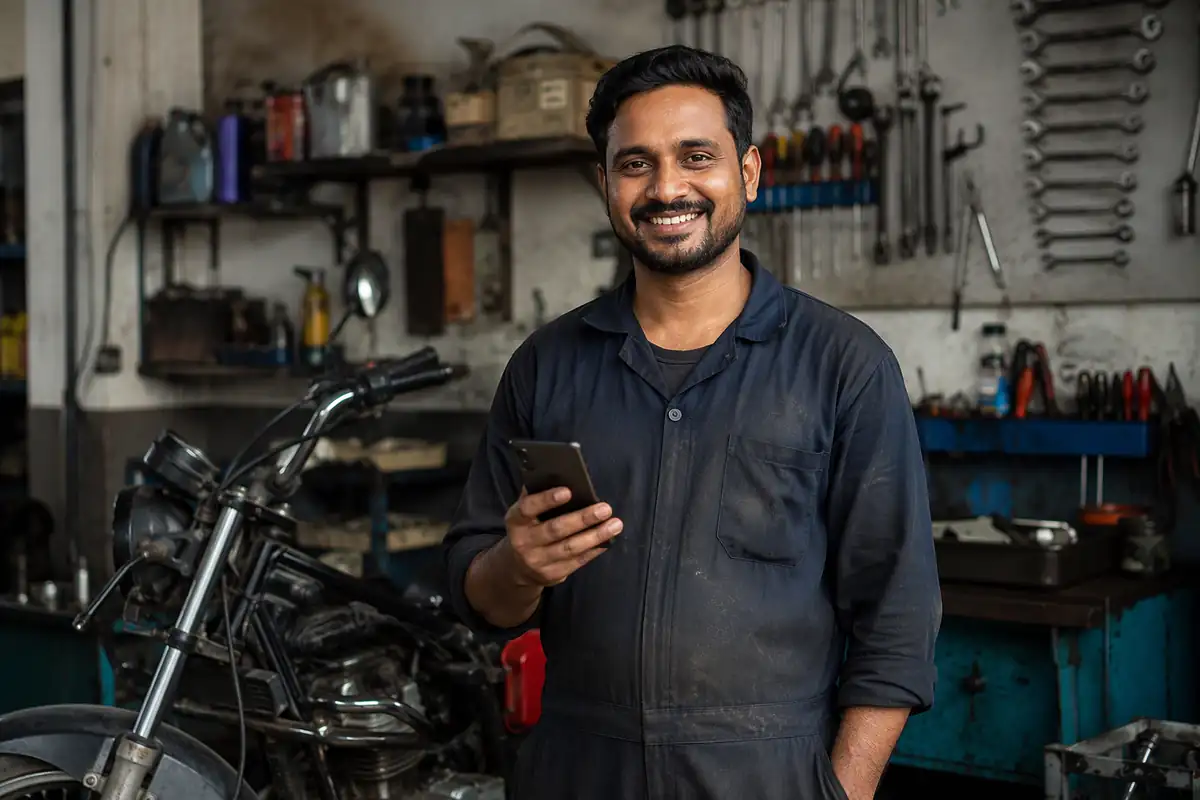 A happy two-wheeler mechanic in his garage holding his phone