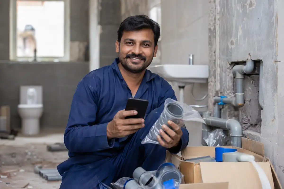 A happy plumber in a bathroom under construction holding his phone after scanning a fittings pack