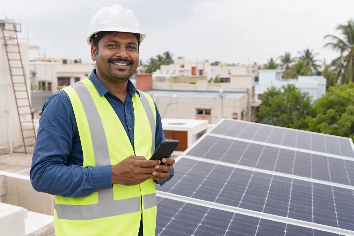 A happy solar installer on a rooftop beside installed panels, holding his phone