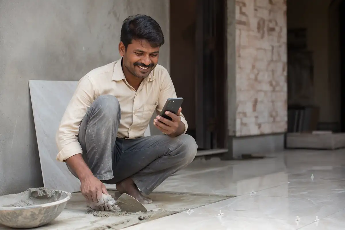 A happy tile mason beside freshly laid floor tiles looking at his phone