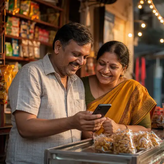 A shopkeeper couple delighted at a payout on the phone