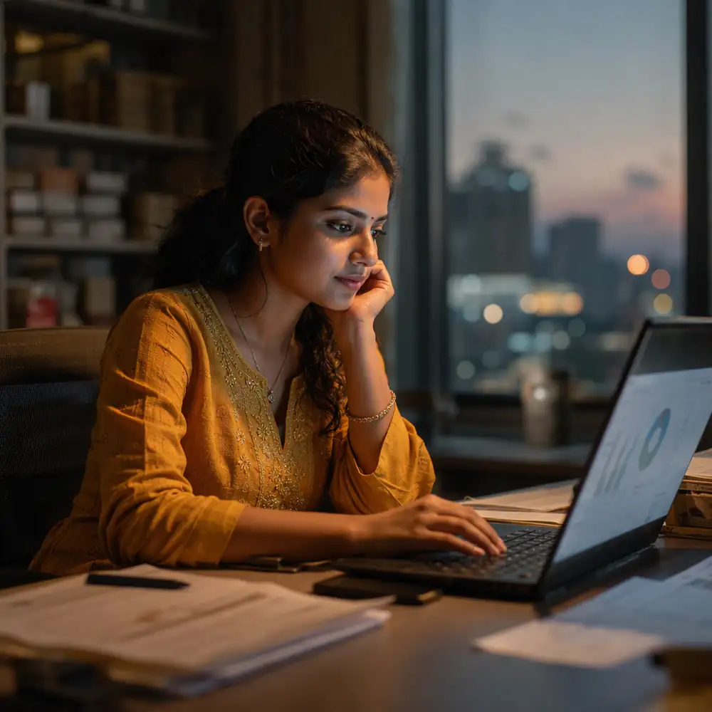 An accountant reviewing scheme dashboards on a laptop