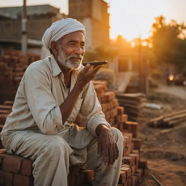 A mason recording a voice note on his phone