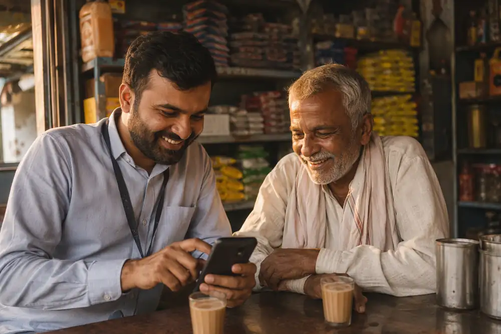 An implementation manager showing a dealer the scheme screens at his counter