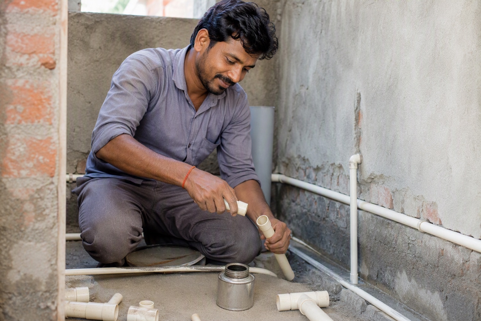 A plumber joining CPVC pipework on site, the everyday scene a loyalty program has to fit into