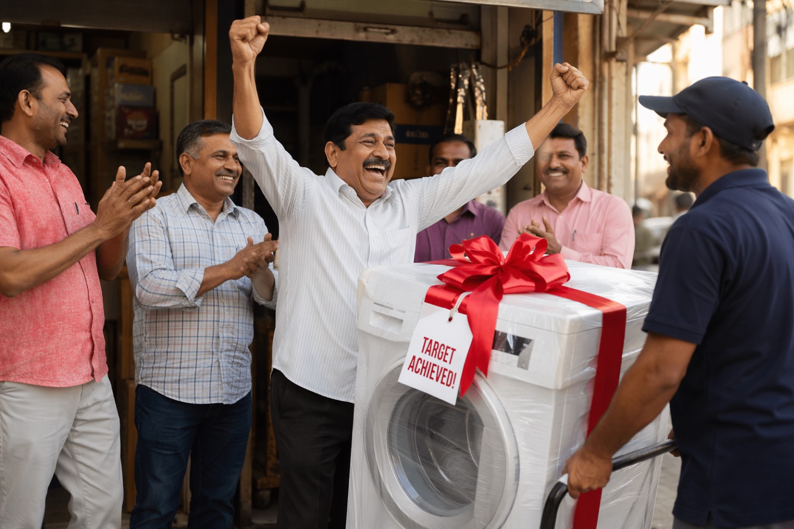 Retailer celebrating a washing machine delivered for completing his scheme target
