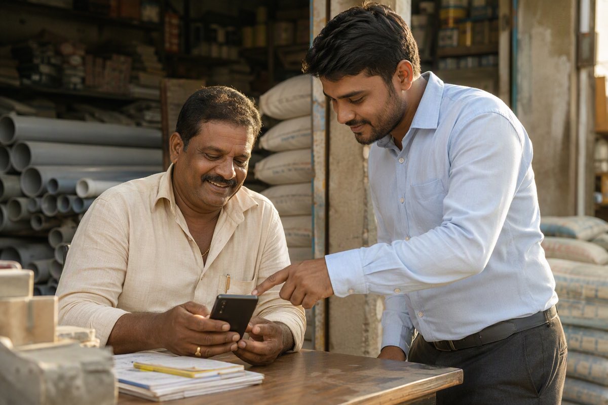 A sales officer pointing a dealer to how few bags stand between him and the next scheme slab on his phone