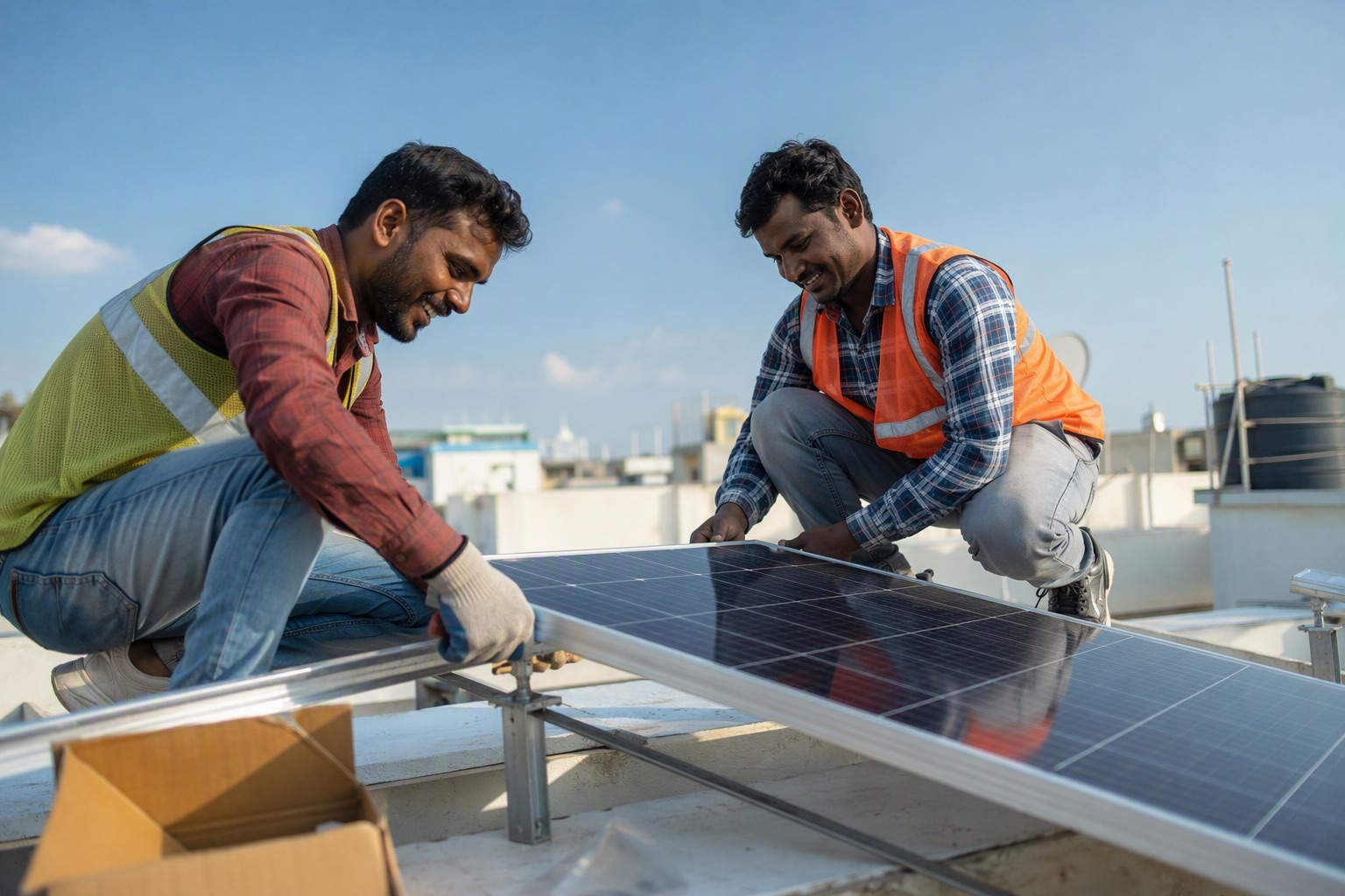 Solar installers fixing a photovoltaic module onto a rooftop mounting rail in India